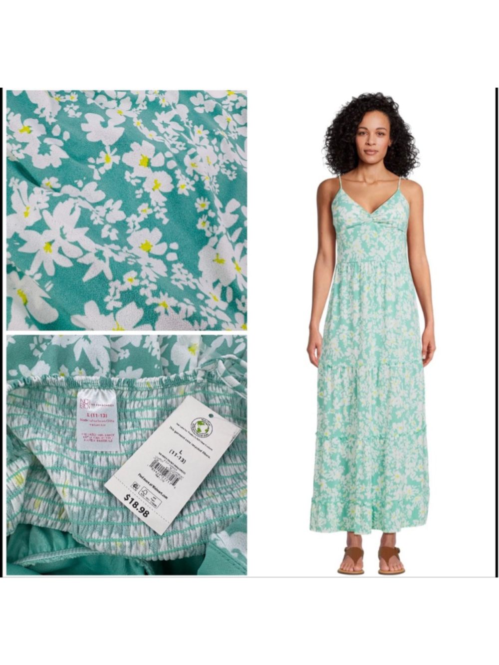 NWT No Boundaries Maxi Dress L Green White Floral Daisy